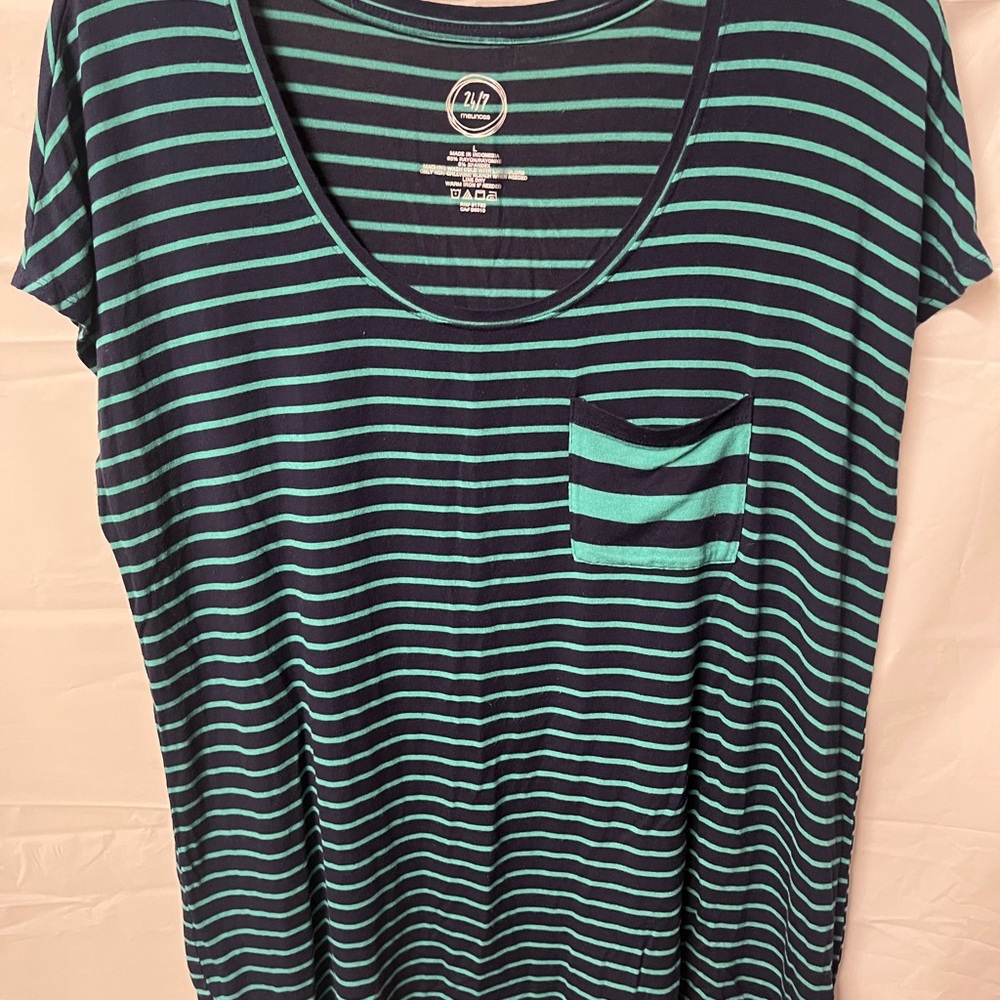 Maurices 24/7 Navy and Teal Striped Short Sleeve Top